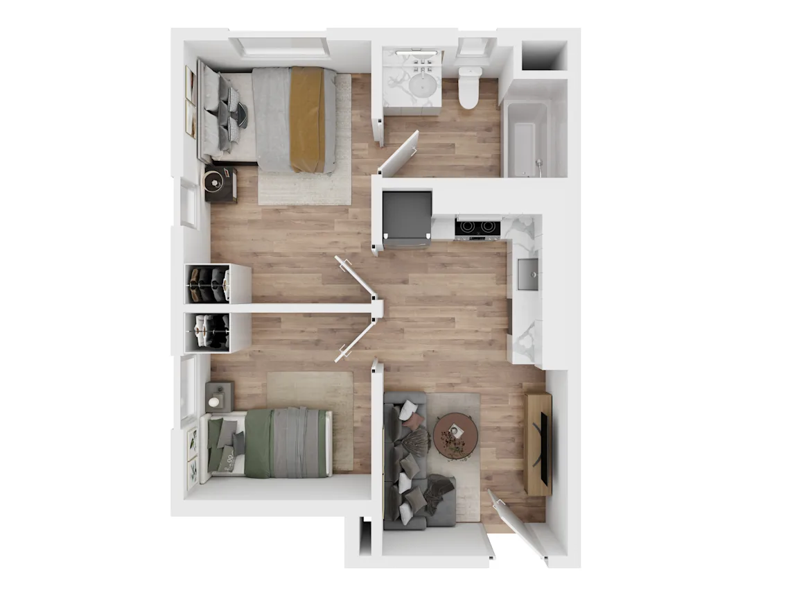 Top-down 3D view of the two-bedroom layout